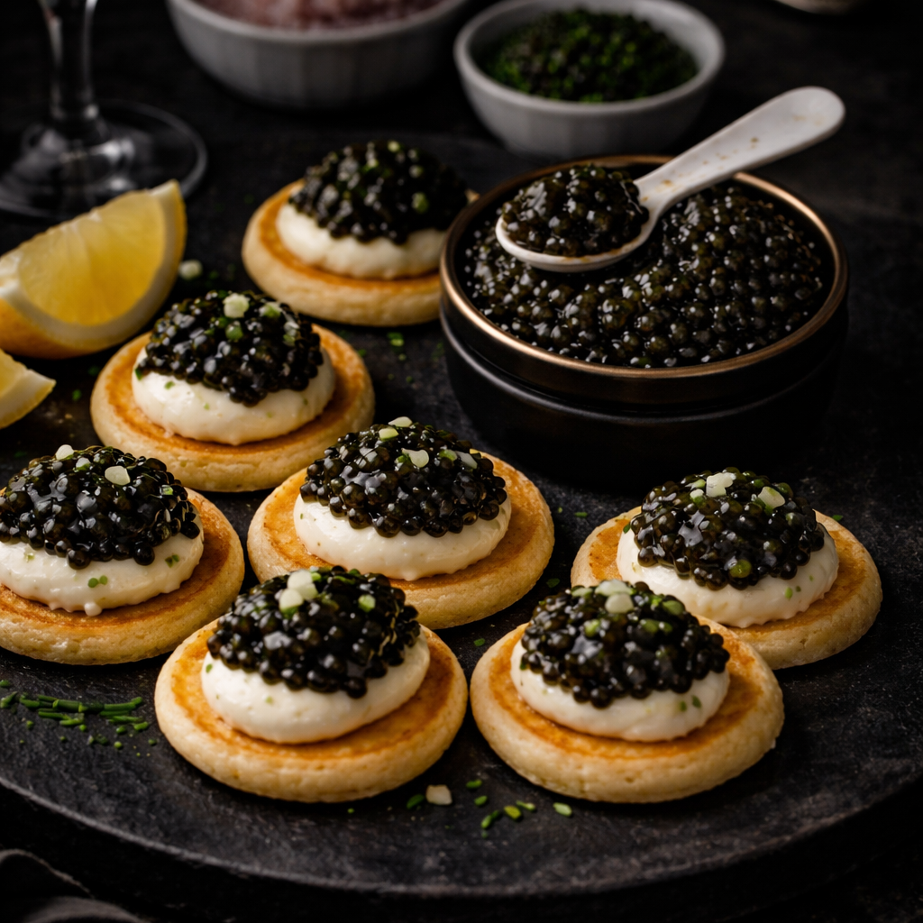 Blini with Crème Fraîche & Royal Transmontanus Caviar