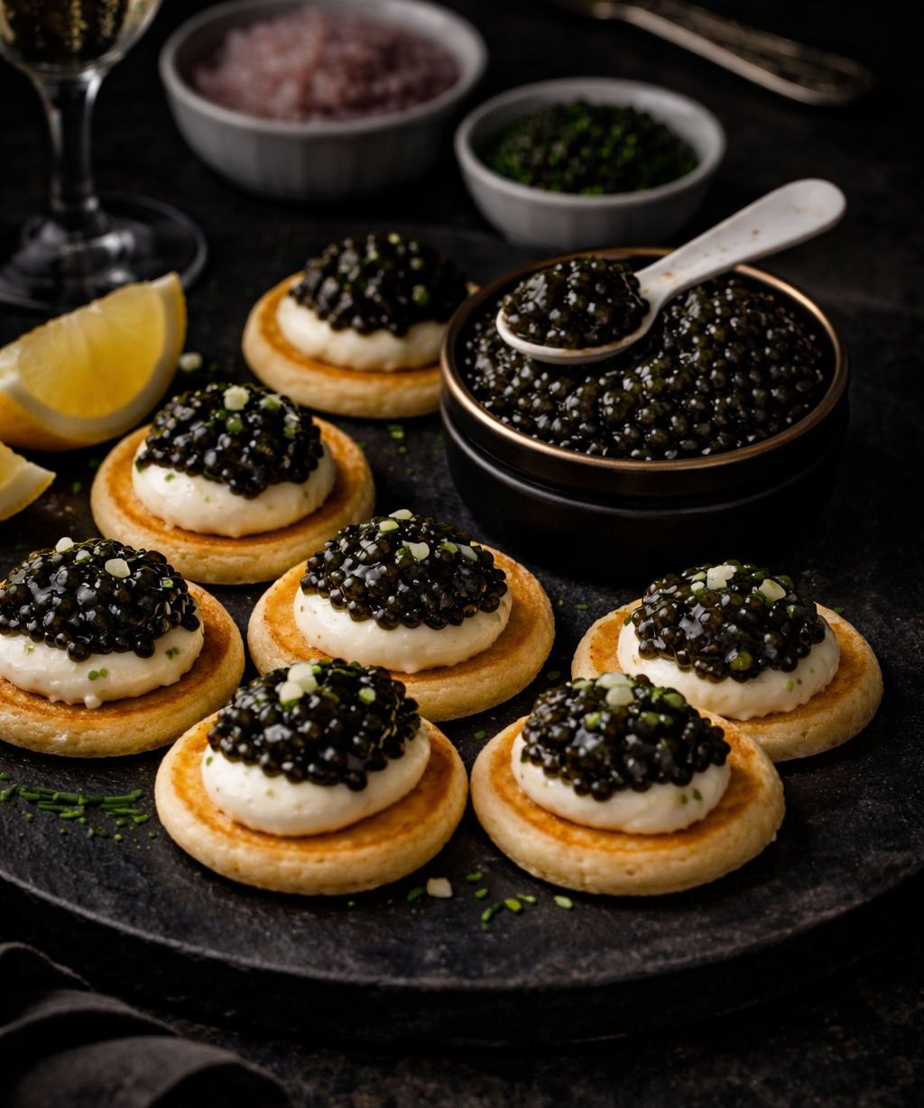 Blini with Crème Fraîche & Royal Transmontanus Caviar
