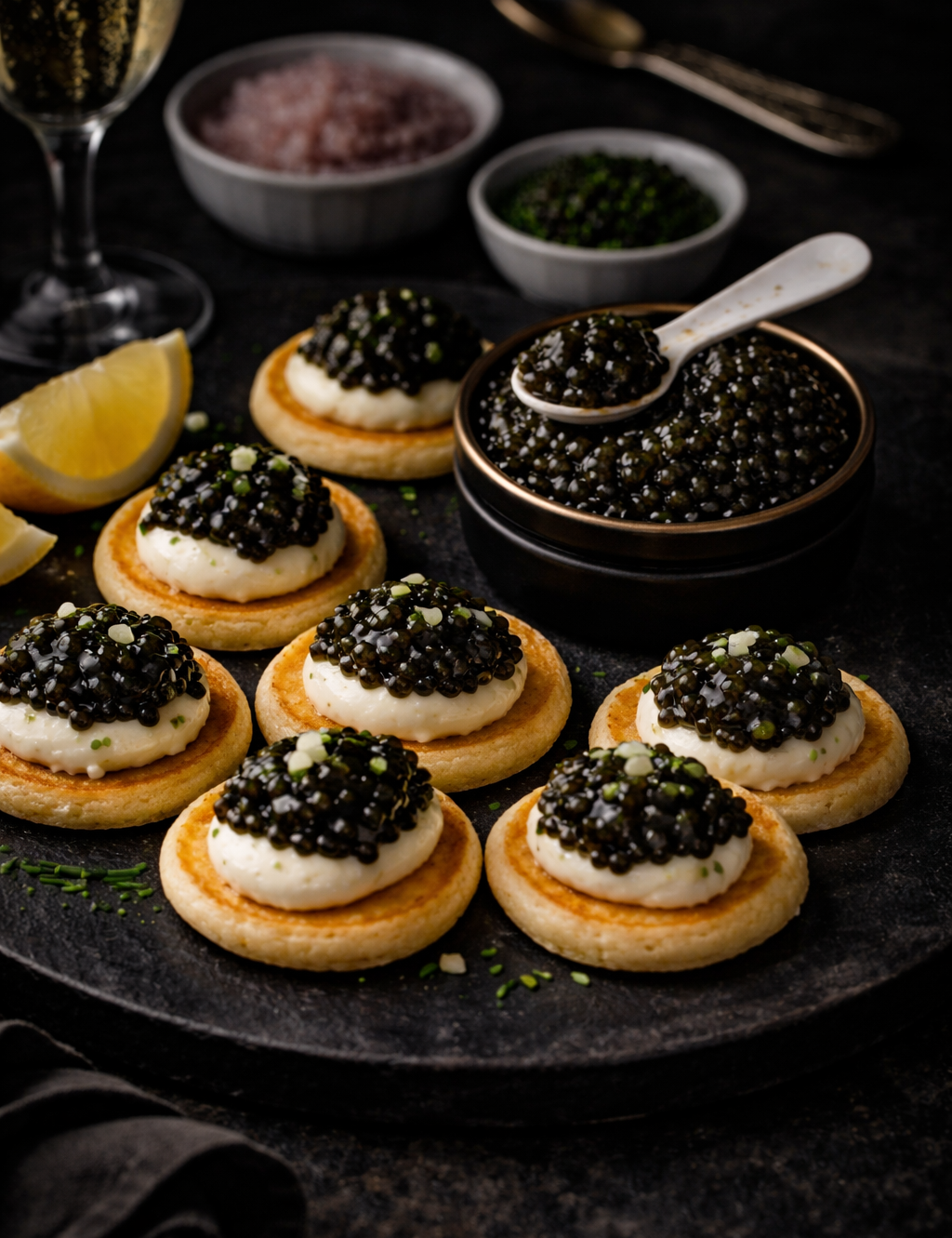 Blini with Crème Fraîche & Royal Transmontanus Caviar