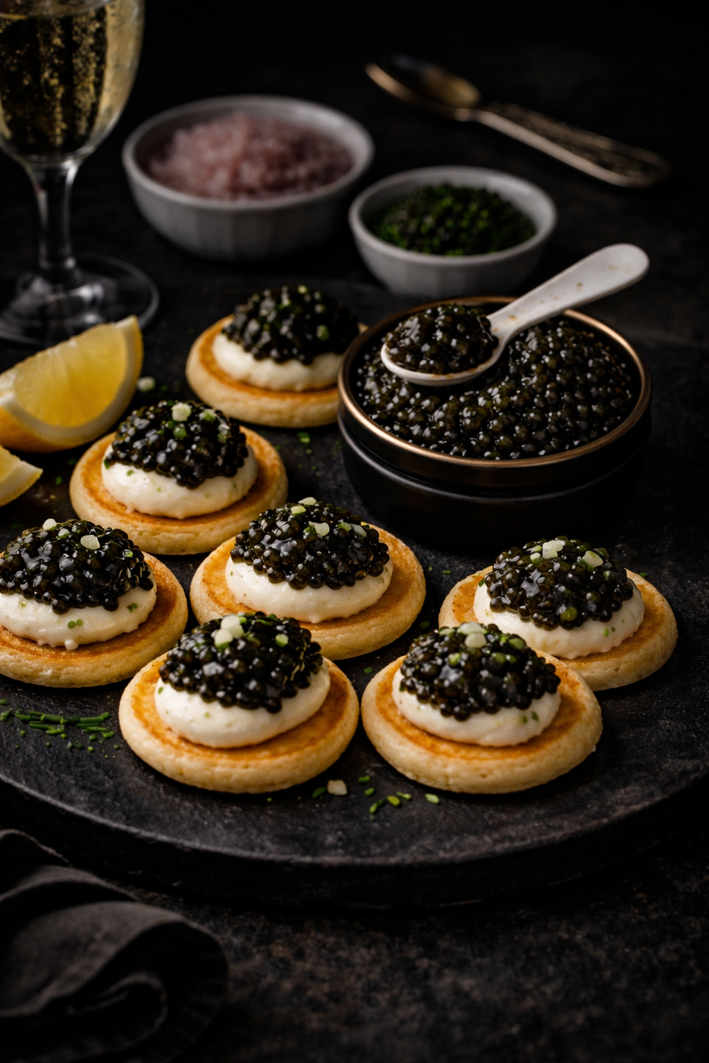 Blini with Crème Fraîche & Royal Transmontanus Caviar