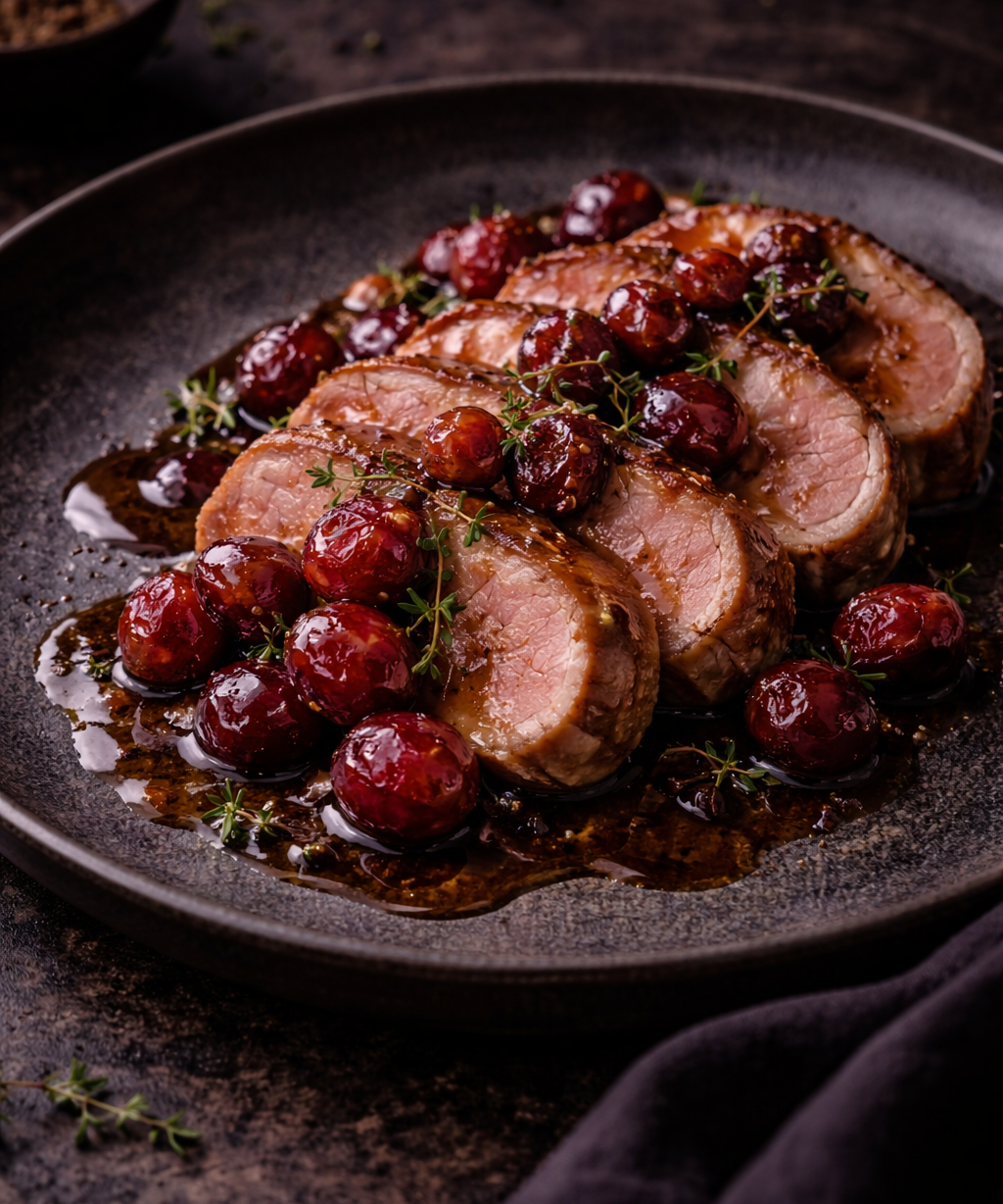 Roasted Iberico Pork, Pedro Ximénez & Charred Grapes