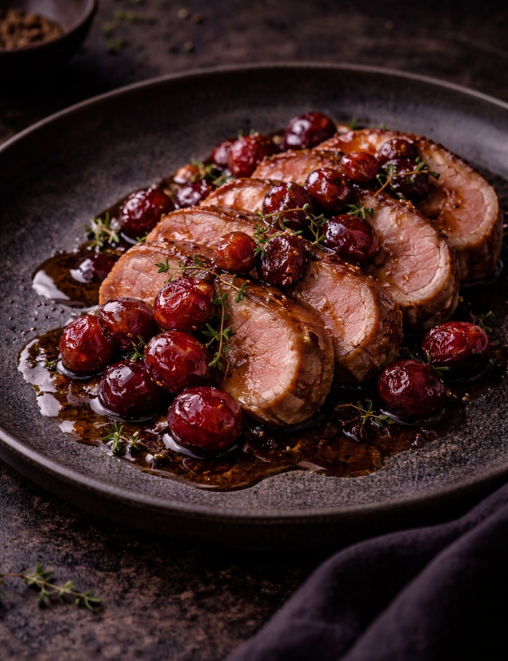 Roasted Iberico Pork, Pedro Ximénez & Charred Grapes