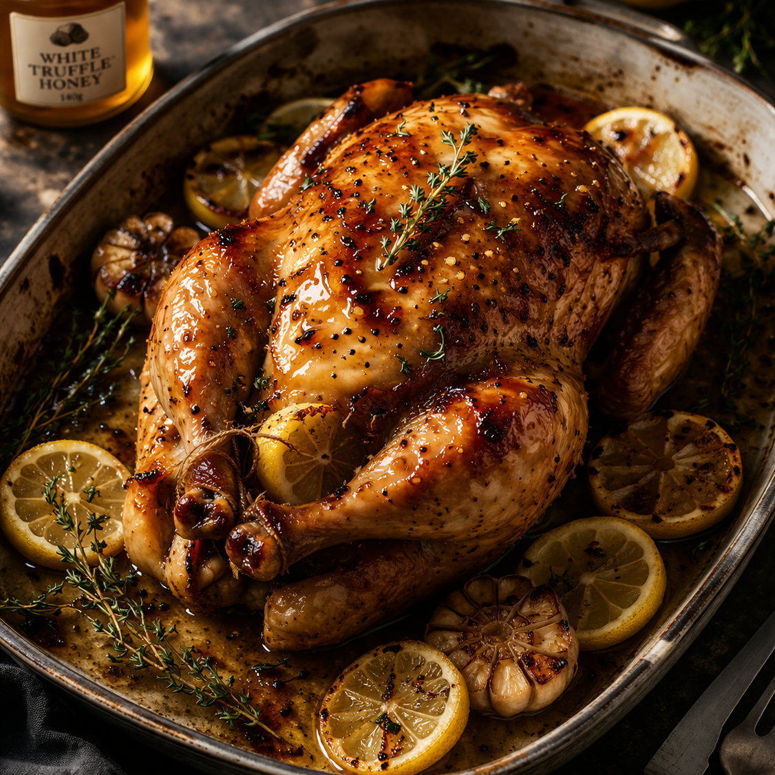 Roast Chicken, White Truffle Honey Glaze & Lemon