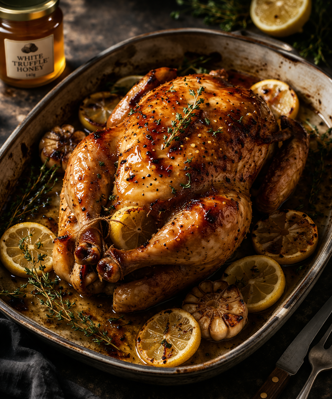 Roast Chicken, White Truffle Honey Glaze & Lemon