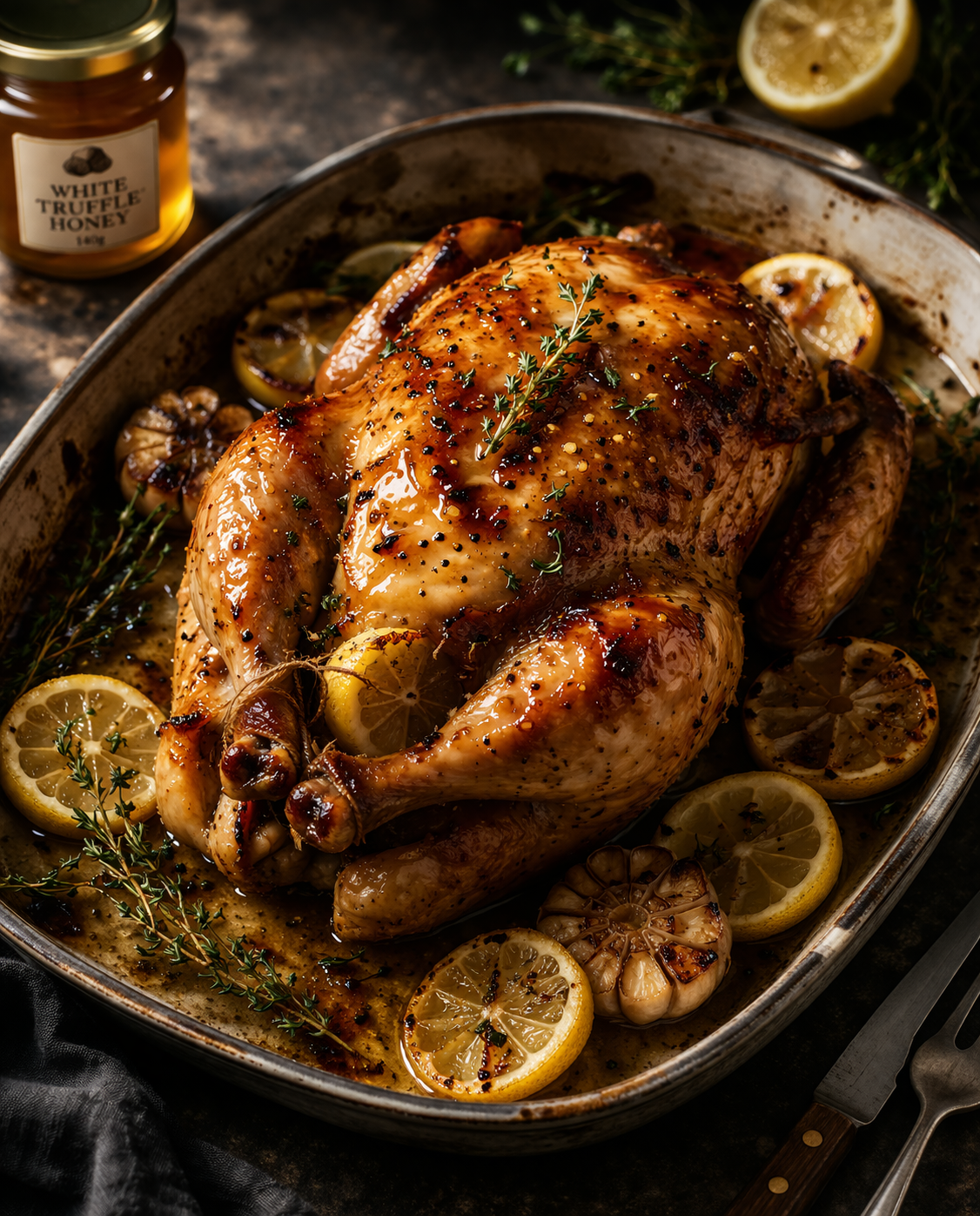 Roast Chicken, White Truffle Honey Glaze & Lemon