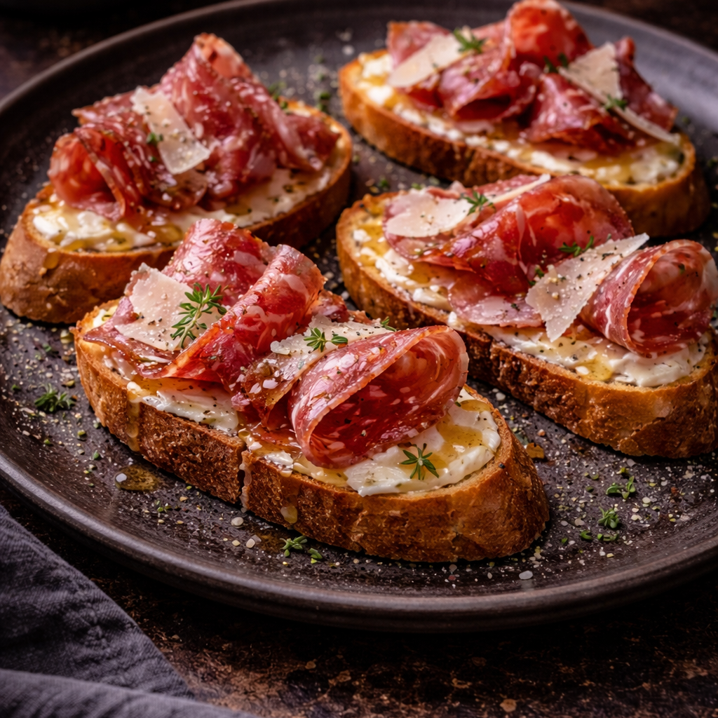 Salchichón Iberico, Parmesan & Truffle Honey Crostini