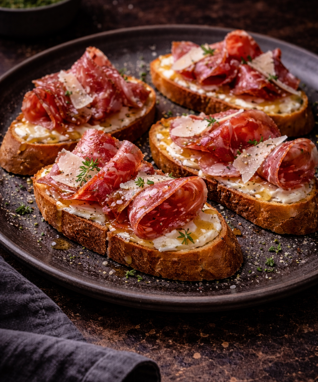 Salchichón Iberico, Parmesan & Truffle Honey Crostini