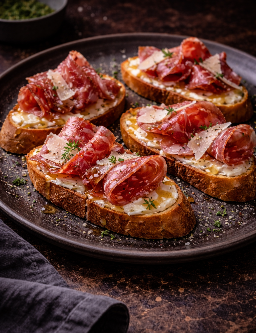 Salchichón Iberico, Parmesan & Truffle Honey Crostini