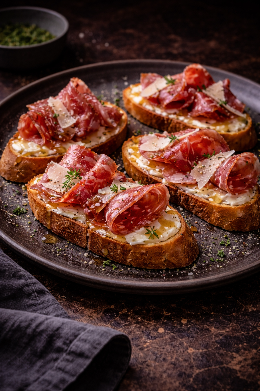 Salchichón Iberico, Parmesan & Truffle Honey Crostini