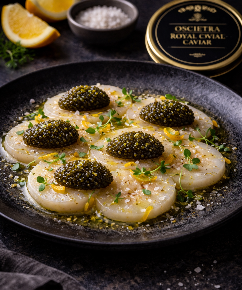 Scallop Crudo, Citrus Oil &amp; Oscietra Royal Caviar