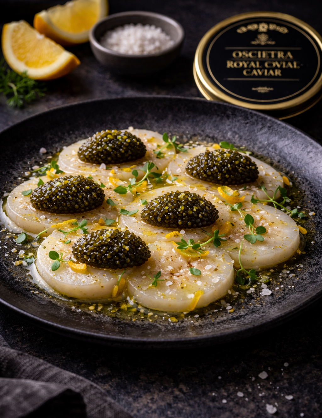 Scallop Crudo, Citrus Oil &amp; Oscietra Royal Caviar