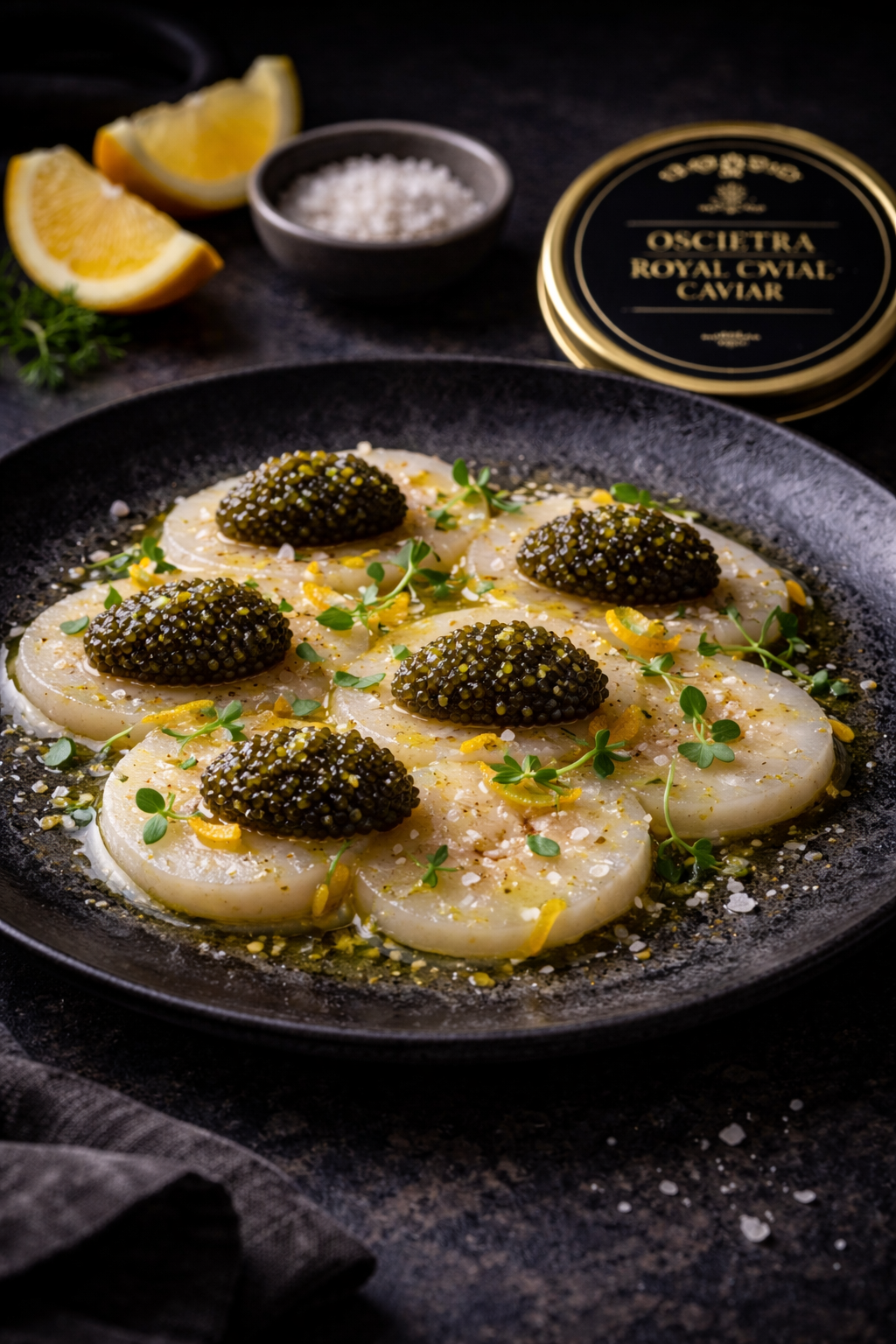Scallop Crudo, Citrus Oil &amp; Oscietra Royal Caviar