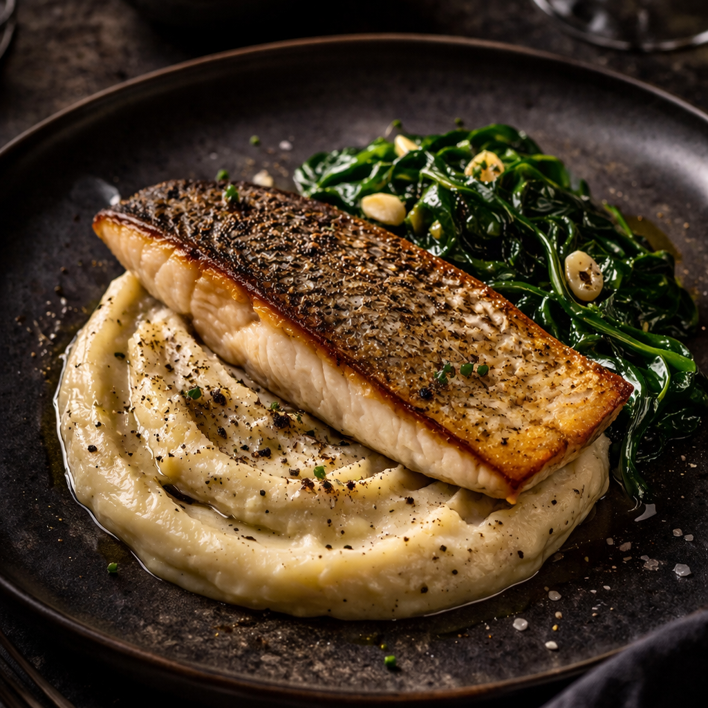 Seared Sea Bass with Truffle Potato & Spinach