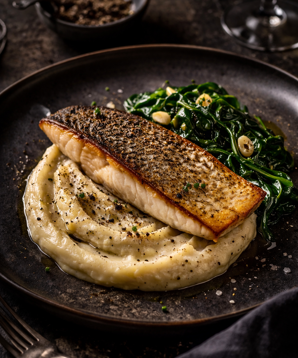 Seared Sea Bass with Truffle Potato & Spinach