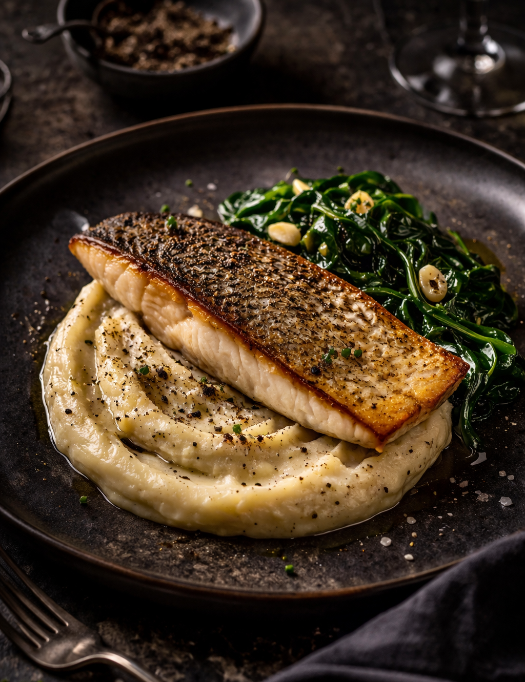 Seared Sea Bass with Truffle Potato & Spinach