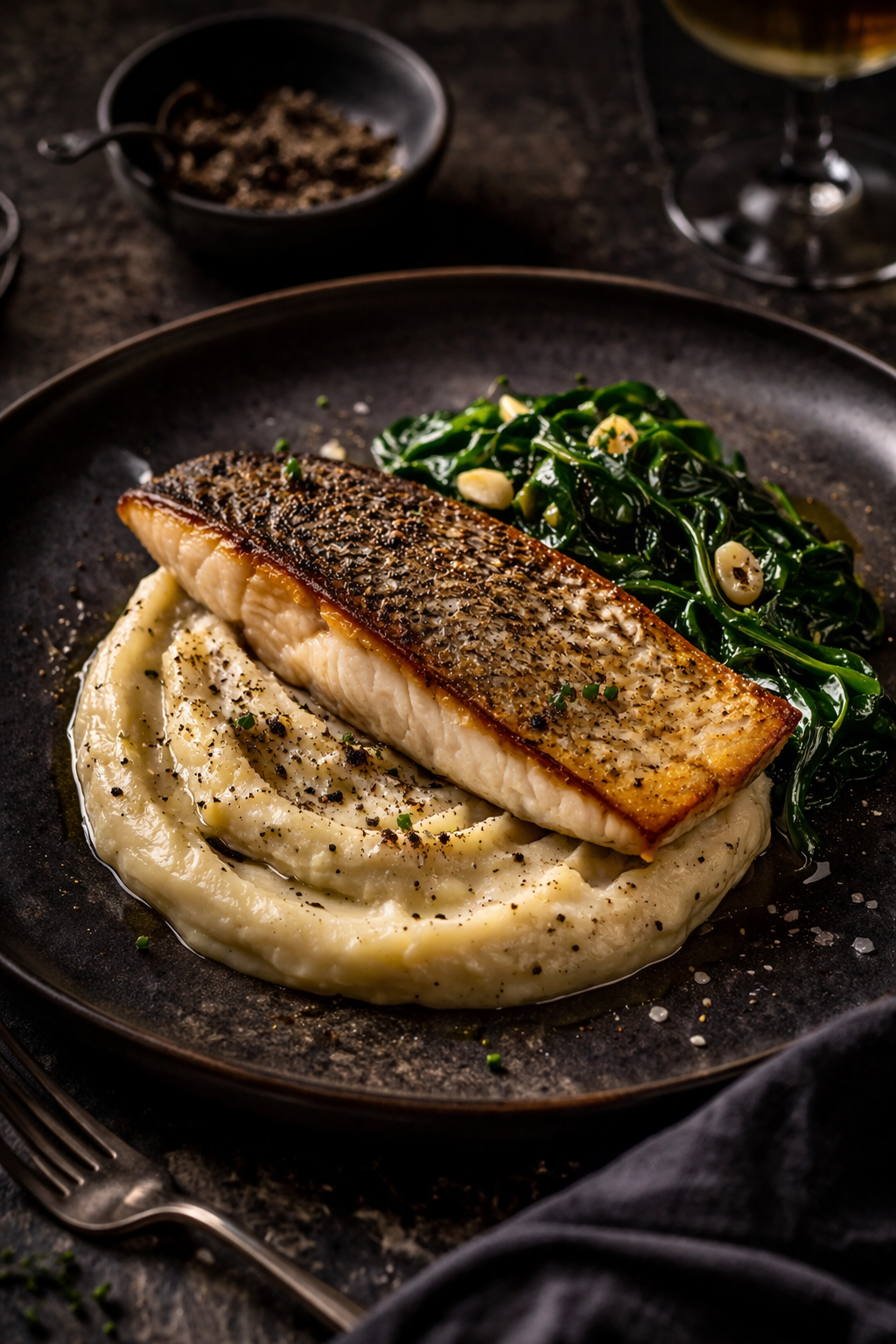 Seared Sea Bass with Truffle Potato & Spinach