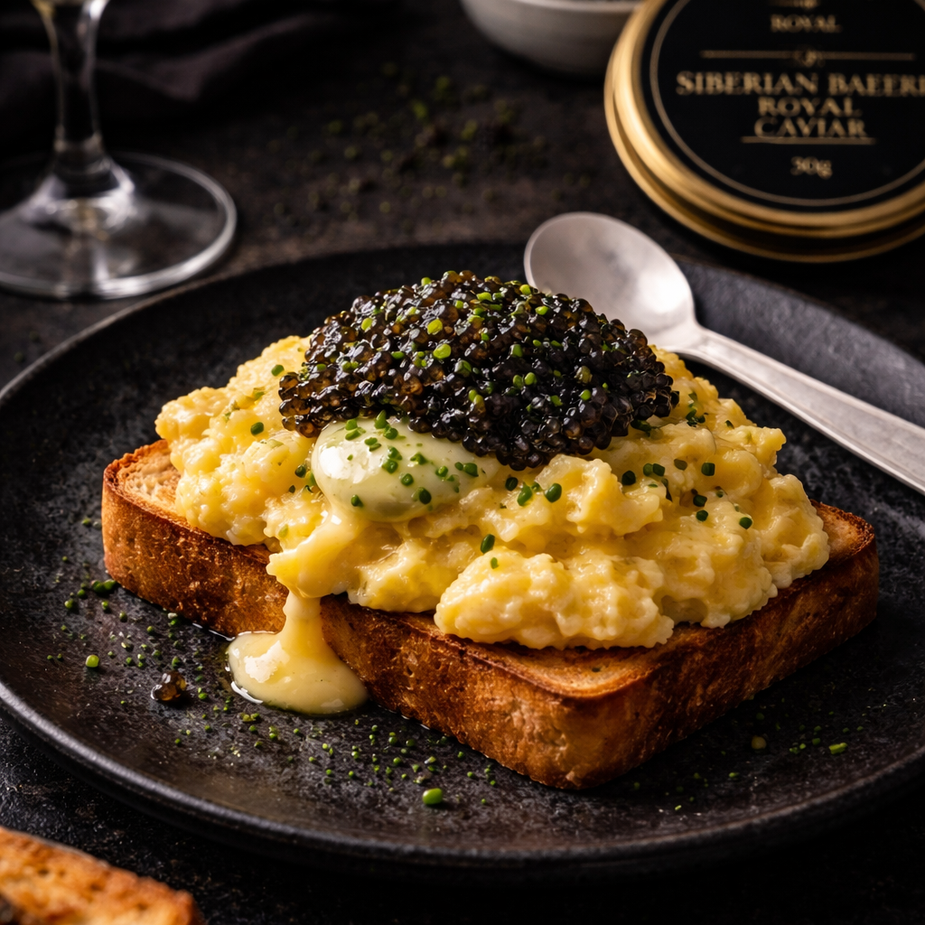 Soft Scrambled Eggs, Chive Butter & Siberian Baerii Caviar
