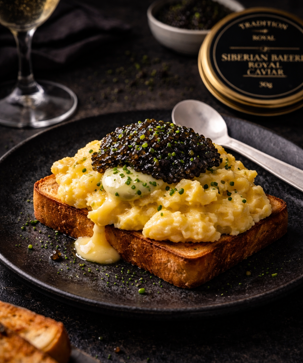 Soft Scrambled Eggs, Chive Butter & Siberian Baerii Caviar