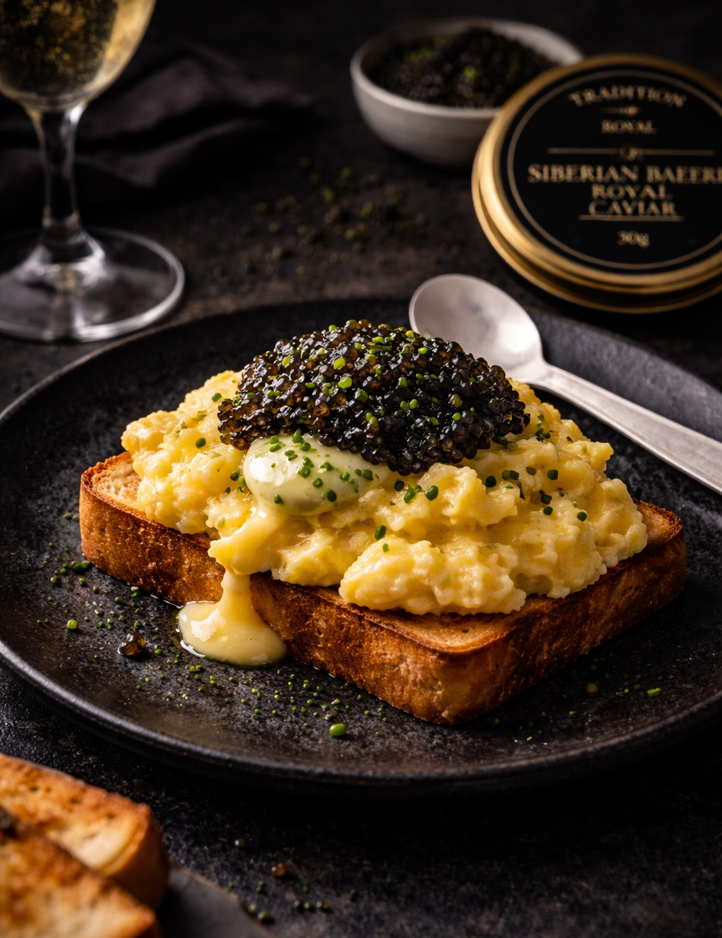 Soft Scrambled Eggs, Chive Butter & Siberian Baerii Caviar