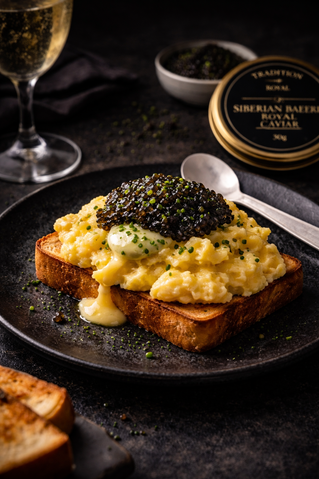 Soft Scrambled Eggs, Chive Butter & Siberian Baerii Caviar