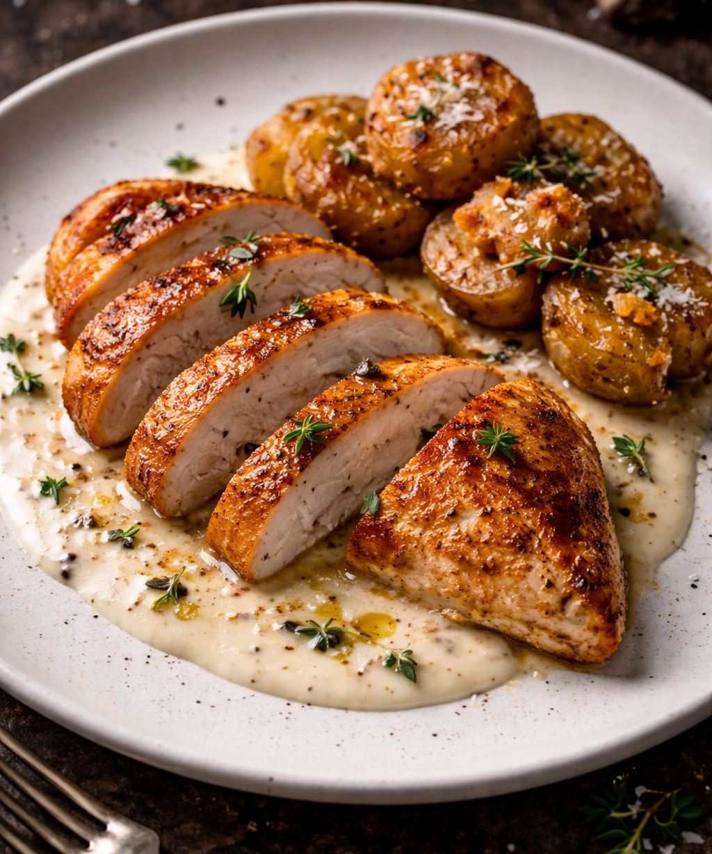 Truffle Chicken, Parmesan Cream & Crispy Potatoes