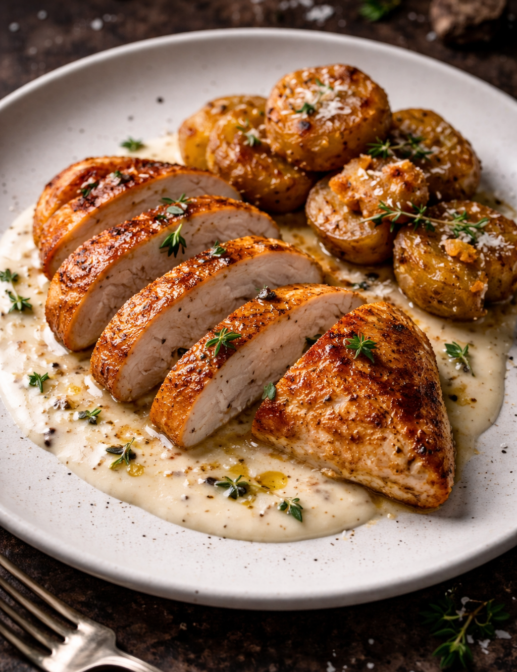 Truffle Chicken, Parmesan Cream & Crispy Potatoes