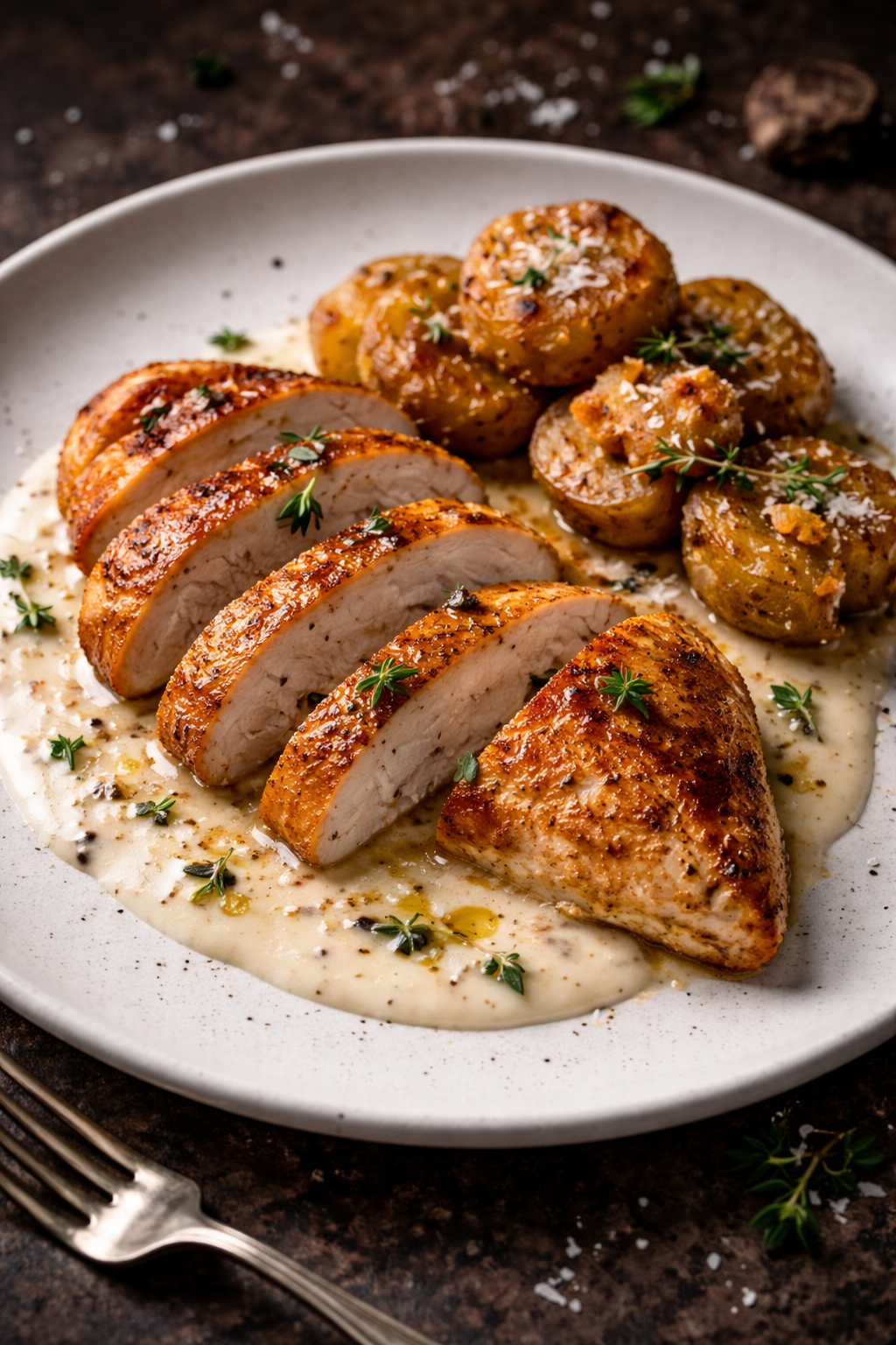Truffle Chicken, Parmesan Cream & Crispy Potatoes