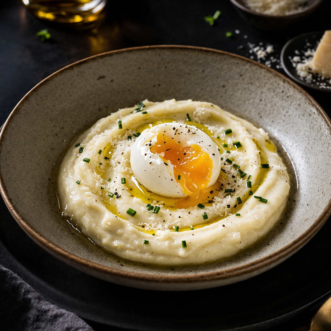 White Truffle Oil, Cauliflower Purée & Soft Egg