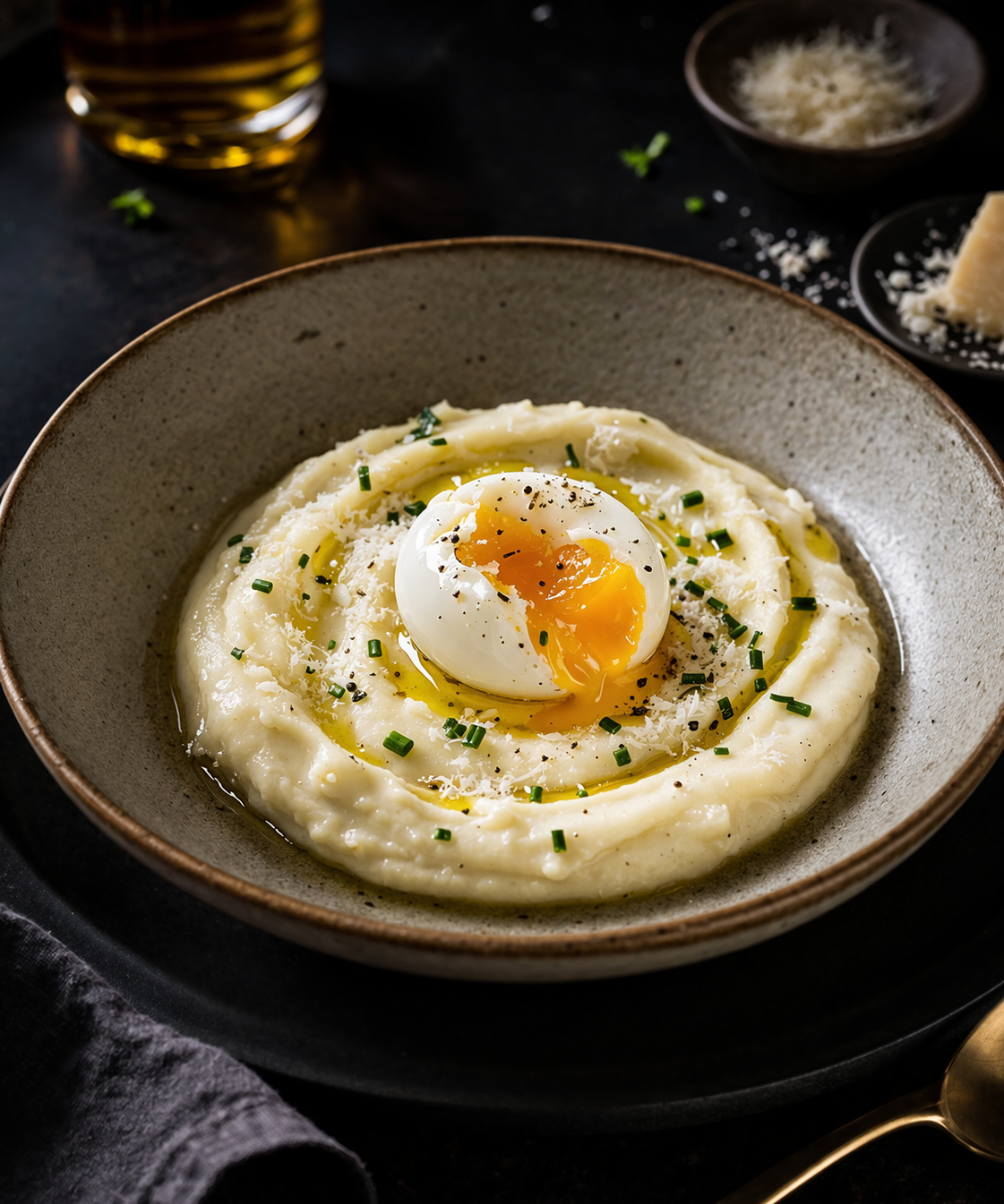 White Truffle Oil, Cauliflower Purée & Soft Egg