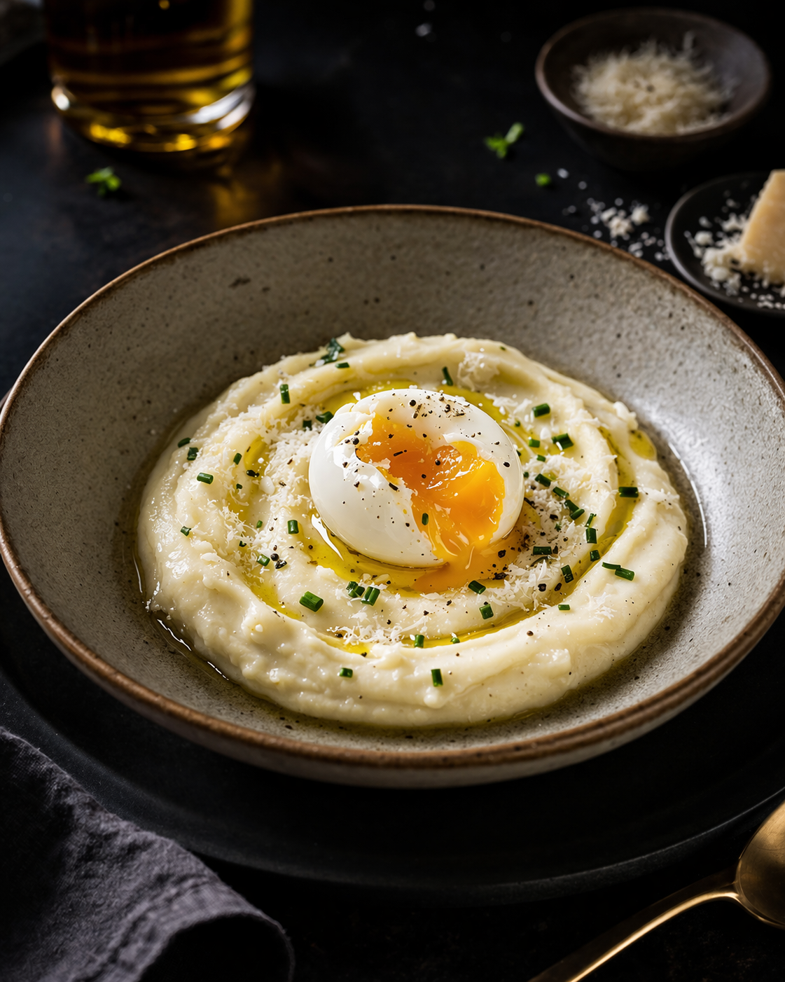 White Truffle Oil, Cauliflower Purée & Soft Egg