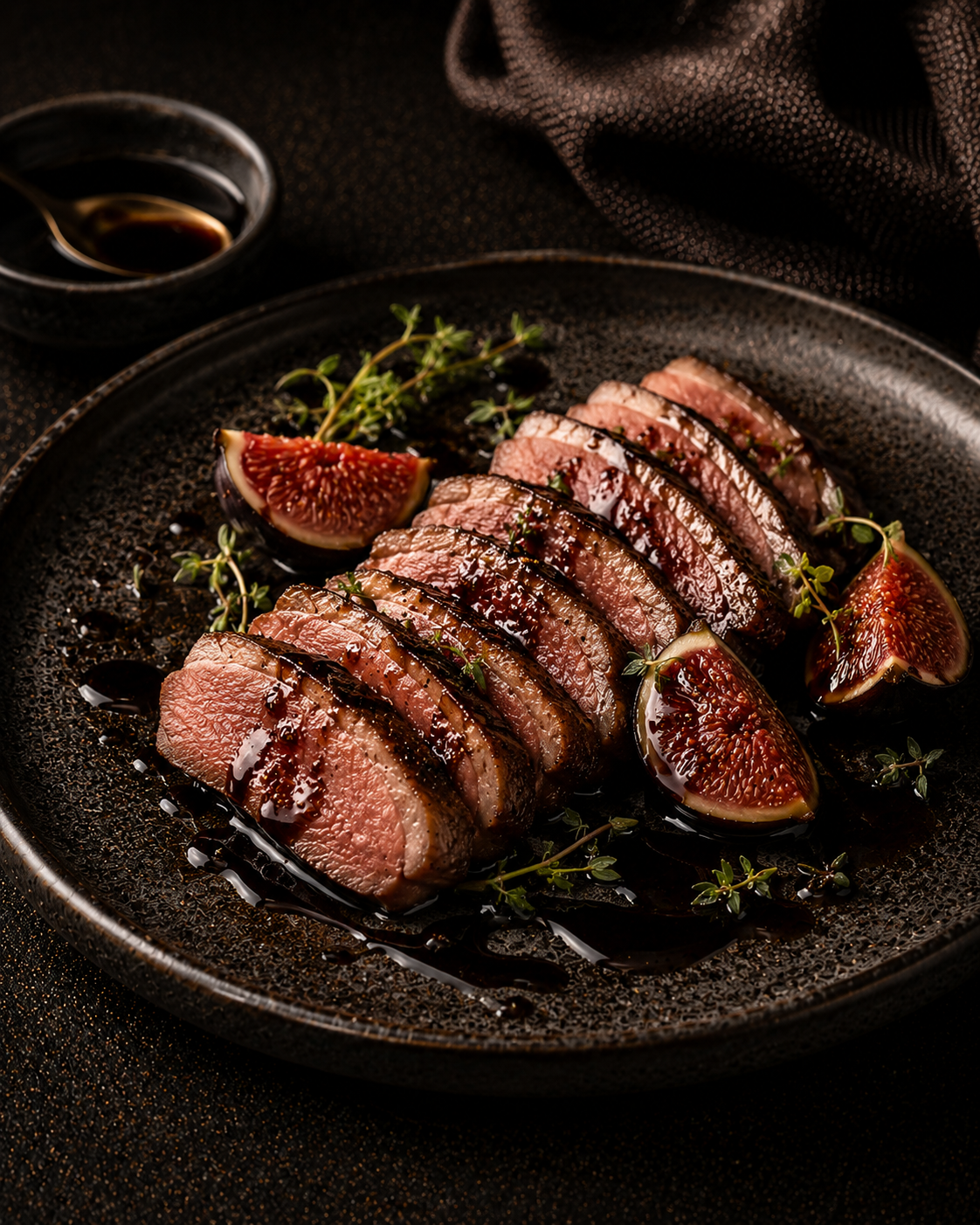 Seared duck breast with roasted figs, thyme and Pedro Ximénez glaze.